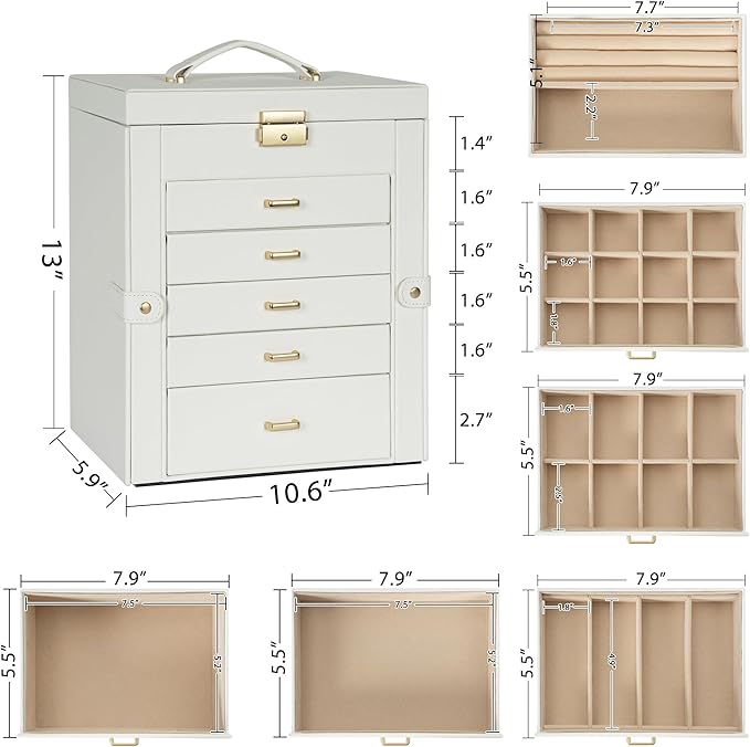 AKOZLIN Large 6-Tier Jewelry Box Lockable Leather Jewelry Storage Case with 5 Drawers for Women Girls Ring Necklace Earring B