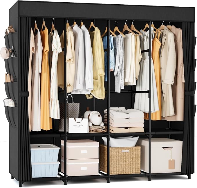 Portable Closet for Hanging Clothes, 67 Inch Wide Portable Wardrobe Closet with Cover, 4 Hanging Rod, Storage Shelves and Sid