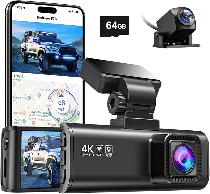 REDTIGER F7N 4K Dual Dash Cam, 5.8GHz WiFi-20 MB/s Fast Transfer, 64GB Card, Front 4K/2.5K and Rear 1080P Dash Camera for Car