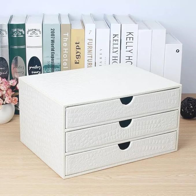 UnionBasic Document Organizer, 3-Drawer File Cabinet Document Storage Box, Office Desktop Filing Organizer, Croco White