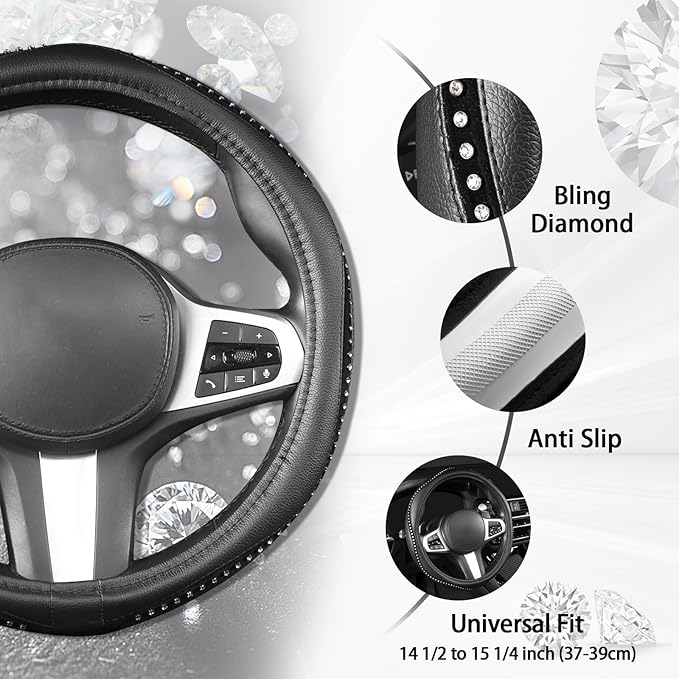 AUTOYOUTH Bling Steering Wheel Cover - Crystal Studded Rhinestone Non-Slip Breathable Design for Women/Girls, Universal Fit 1