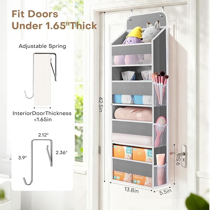 SpaceWhisper Over the Door Organizer, 4 Large Pocket Hanging Storage Organizer with 40lb Capacity, Space Saving for Nursery, 