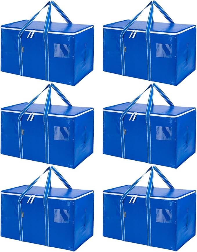 BALEINE 6-Pack Oversized Moving Bags with Reinforced Handles, Heavy-Duty Storage Tote for Clothes, Moving Supplies (Royal Blu