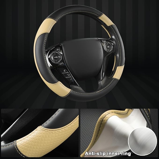 GIANT PANDA Microfiber Leather Steering Wheel Cover for Honda Accord,Civic,CR-V,HR-V,Pilot(Diamond-Pattern-Black+Beige-Standa