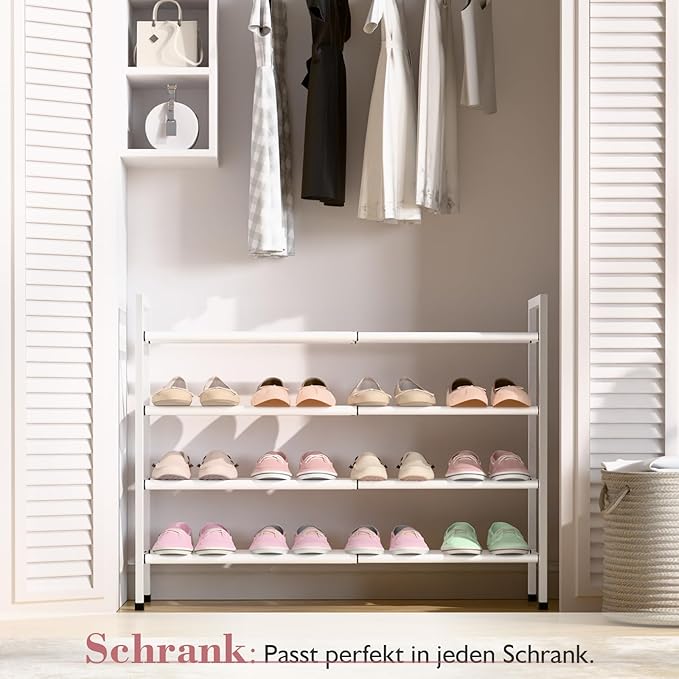 Bumusty 4-Tier Expandable Shoe Rack for Closet, 18“-33” Adjustable Shoe Rack for Small Space, Small Shoe Organizer for Front 