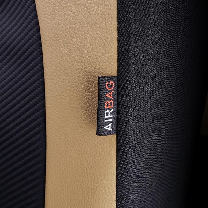 Flying Banner car seat Covers Protects Water Proof Faux Leather Carbon Fiber Front and Rear Bench (Black Beige, Full Set - 8P
