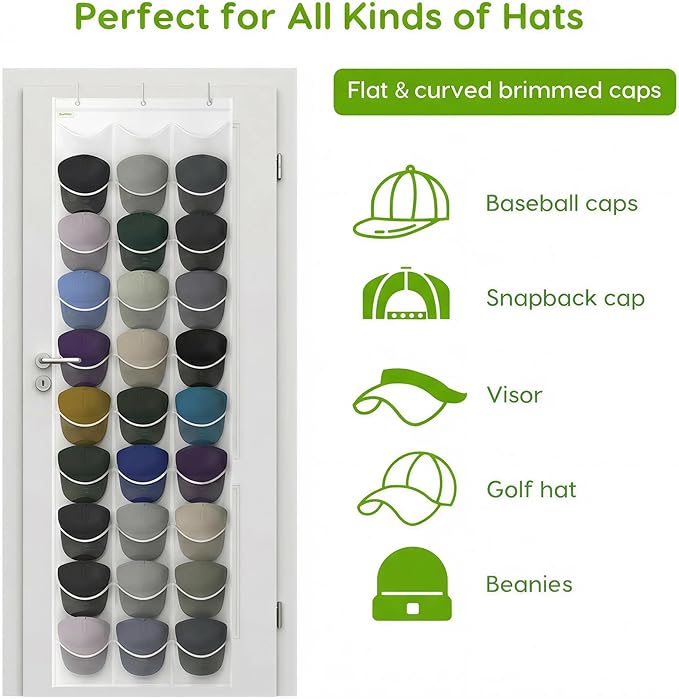 Unjumbly Baseball Hat Rack, 24 Pocket Over-The-Door Hat Organizer with Clear Deep Pockets to Display Baseball Caps Collection