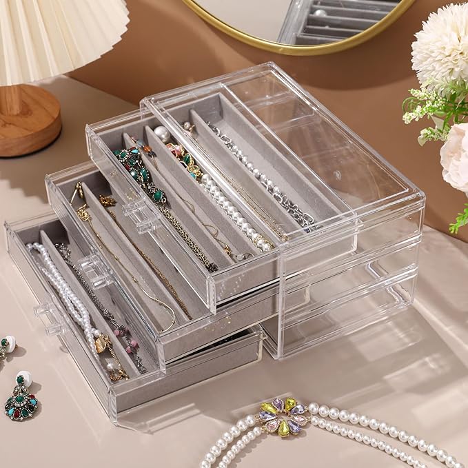 CLUQMEIK Necklace Organizer Box, Tray with Clear Lid, Dustproof Velvet Necklaces Holder Storage Display Case, Necklace Tray D