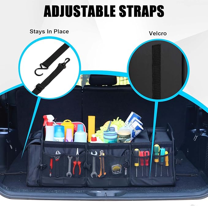 Large Trunk Organizer for Car, SUV, Truck with Removable Cooler Bag-Collapsible Multi Compartments w/Foldable Cover, Non Slip