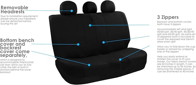 FH Group Light & Breezy Flat Cloth Cars Seat Covers Combo Steering Wheel Cover & Seat Belt Pads, Airbag and Split Rear Univer