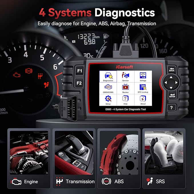 iCarsoft E660 2025 Version 4 Systems OBD2 Scanner, ABS SRS Engine Transmission Car Code Reader with 6 Reset Service Clear Fault