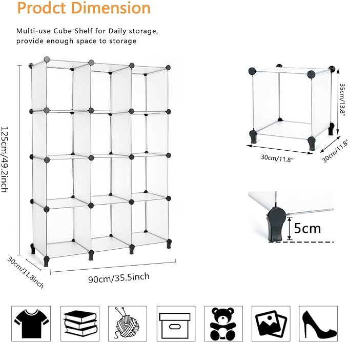 AWTATOS Cube Storage Organizer Storage 12 Cube Bookshelf DIY Plastic Closet Storage Shelves with Wooden Mallet, Ideal Storage