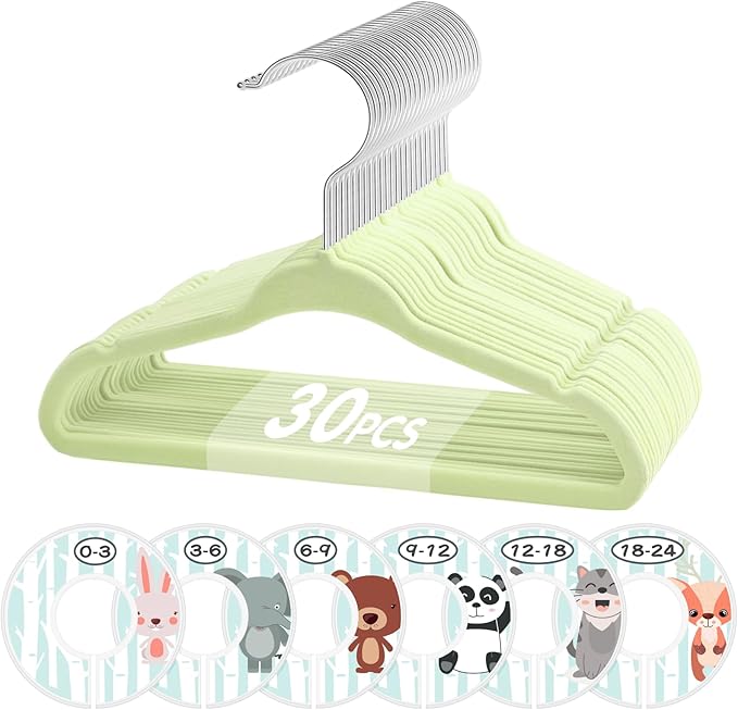 VIS'V Baby Hangers, 11 Inch Velvet Kids Hangers with 6 Pcs Clothes Size Dividers, Infant Toddler Nursery Closet Organization,