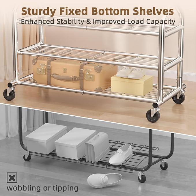 EAGMAK Heavy Duty Clothes Rack Load 688 LBS, Rolling Clothing Rack With 3 Shelves, Adjustable Metal Clothes Hanger with Wheel