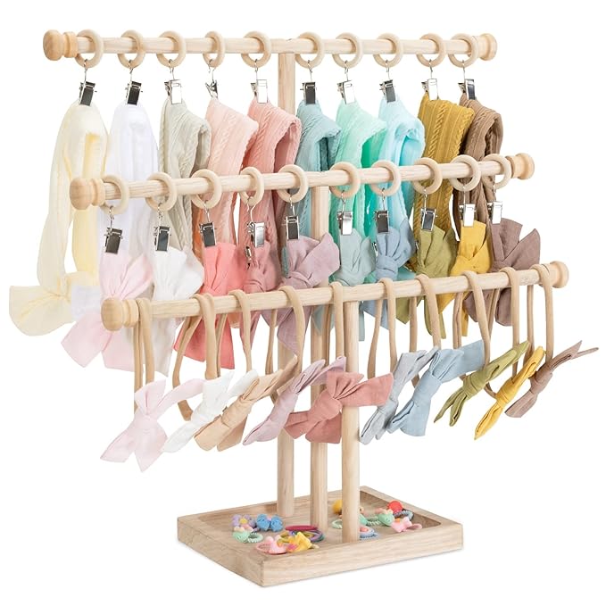 POVETIRE Headband Holder Stand Storage for Baby, 3 Tier Wooden Bow Organizer for Girls Hair Bows, Infant Hair Accessories Rac
