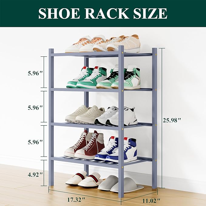 Smiry Shoe Rack, 4 Tier Small Bamboo Shoe Organizer, Stackable Free Standing Wooden Shoe Storage Shelf for Closet, Entryway, 