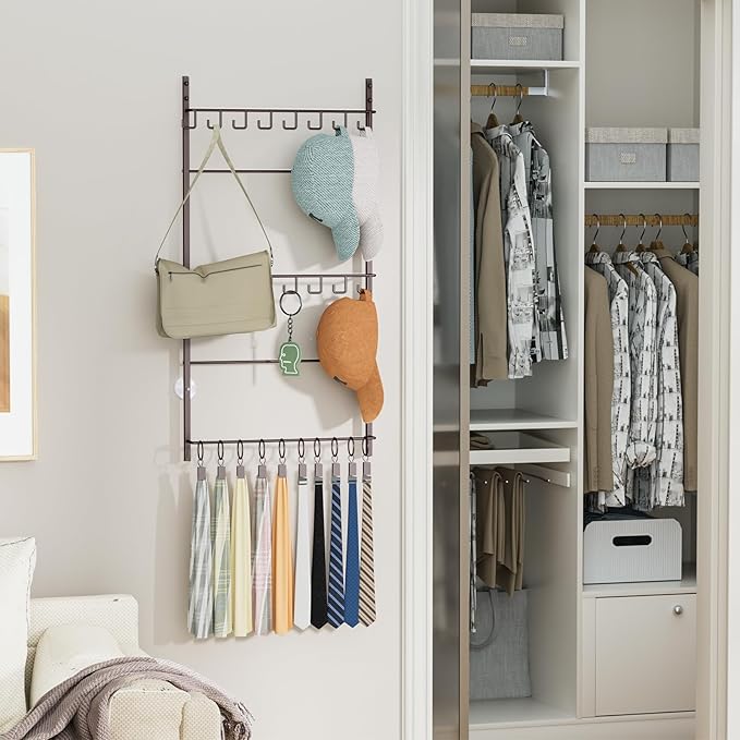 HapiRm Over Door Hat Rack - 3 Tier Wall Mounted Hat Organizer with 16 Hooks and 10 Movable Clips, Cap Hanger Storage up to 26