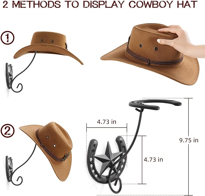Cowboy Hat Holder for Wall 2 Pack Metal Iron Cowboy Hat Rack Western Hat Hanger Horseshoe Hooks Storage Cowboy Hat Organizer 