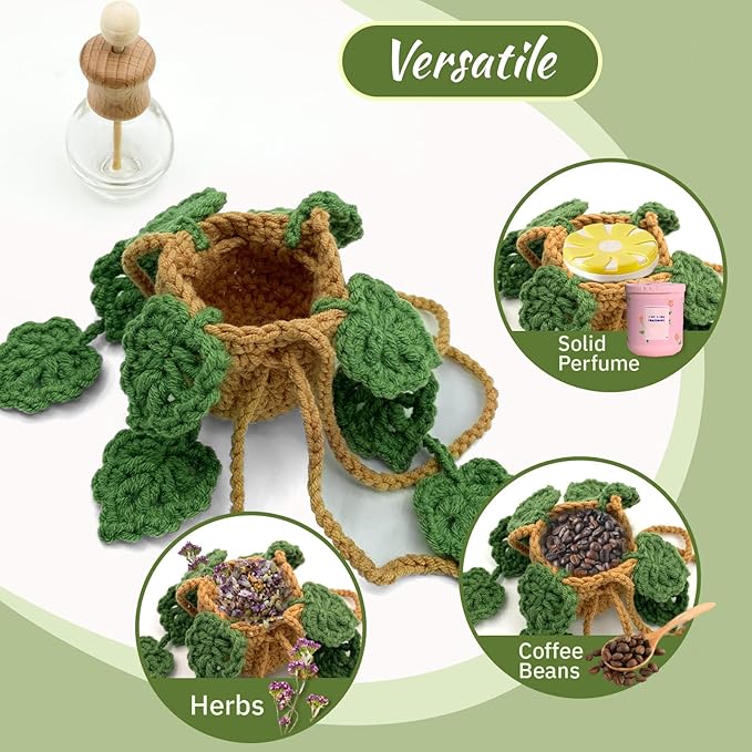 Crochet Car Air Freshener, 15ml Empty Refillable Oil Diffuser Bottle with Hanging Crochet Plant for Car Rearview Mirror Decor