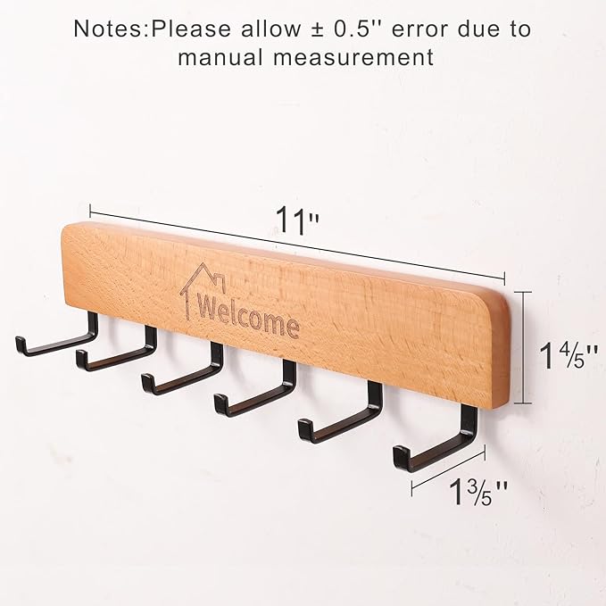 SCUNDA Wooden Key Holder with Metal Hooks,No Drill Adhesive & Screws, Wall Mount Entryway Organizer for Keys, Coats, Hats, Ru