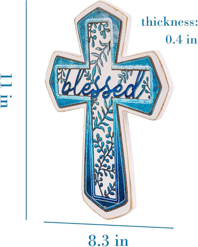 OKSQW 11" Wall Cross Handmade White Wood & Blue Iron Christians Spiritual Religious Cross with Hook Christmas Wall Hanging Cr