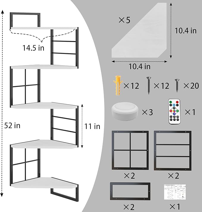 Corner Floating Shelves with Lights - 5 Tiers Corner Shelf Wall Mounted, Bookshelf with LED Light, Floating Shelves for Wall,