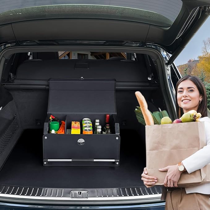 XCF Car Trunk Organizer, Leather Trunk Organizer for SUV with Lid and Sturdy Handle Car Storage Organizer (Black, 20.47 x 11.42
