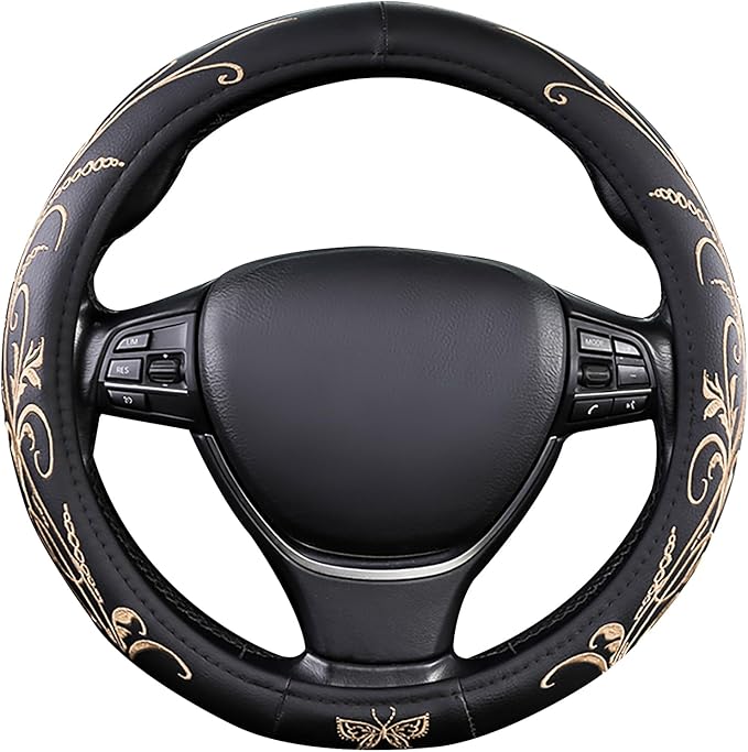 Car Leather Steering Wheel Cover - Panapi Material, Universal 14.5-15 Inch Leather Anti-Slip Breathable Auto Steering Wheel C