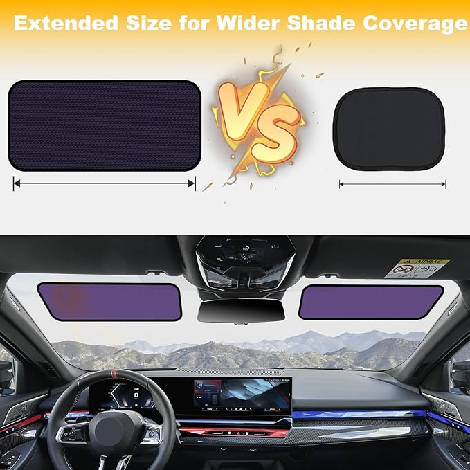 XCBYT Square Car Window Shades for Windshield & Side Windows, 2-Pack Static Cling Glare Blocker, Removable Tint, Long Size for Wider Coverage, Semi-Transparent with Strong Hold (15.75" x 7.09")