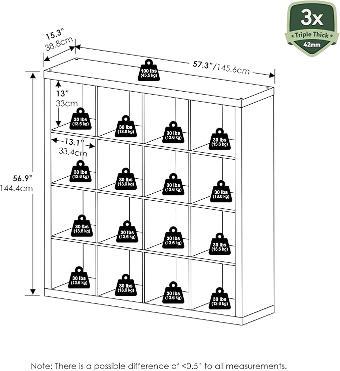 Furinno Cubicle Book Shelf, 16-Cube Bookshelf, Triple Thick Frame Cube Storage Organizer, 1.65" Bookcase, 15.4 x 57.4 x 56.9,