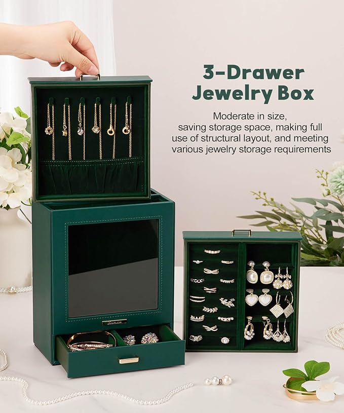 Homde Jewelry Organizer Girls Women Jewelry Box for Necklaces Rings Earrings Gift Bracelets Storage Case (Forest Green + Gold
