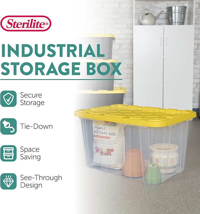Sterilite 4-Pack Industrial Storage Box, Plastic Container Bins w/Lids, 27 Gallon, Yellow - Heavy-Duty Organizing Containers 