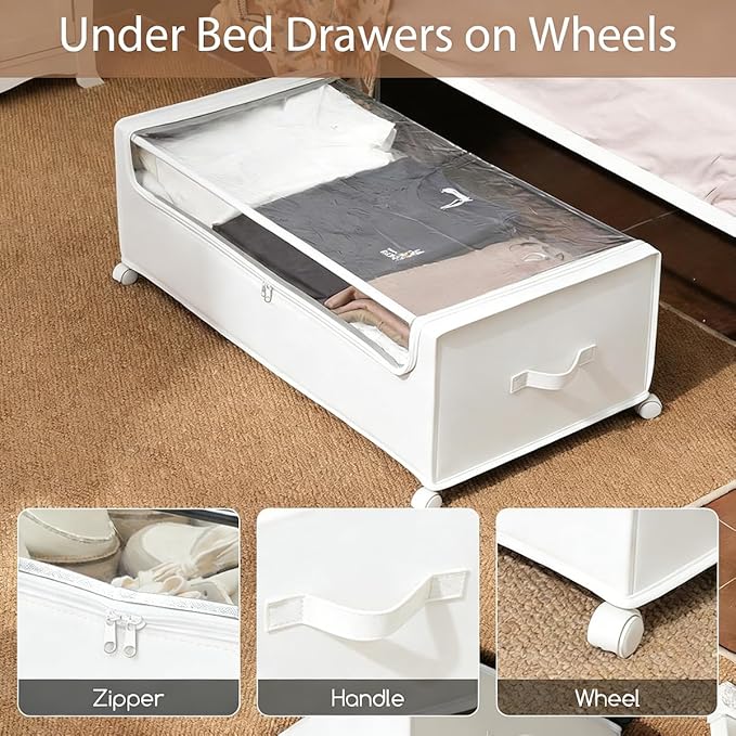 Under Bed Storage with Wheels, Rolling Under bed Storage with Metal Frame, Under Bed Shoe Storage for Space Saving, Zippered 