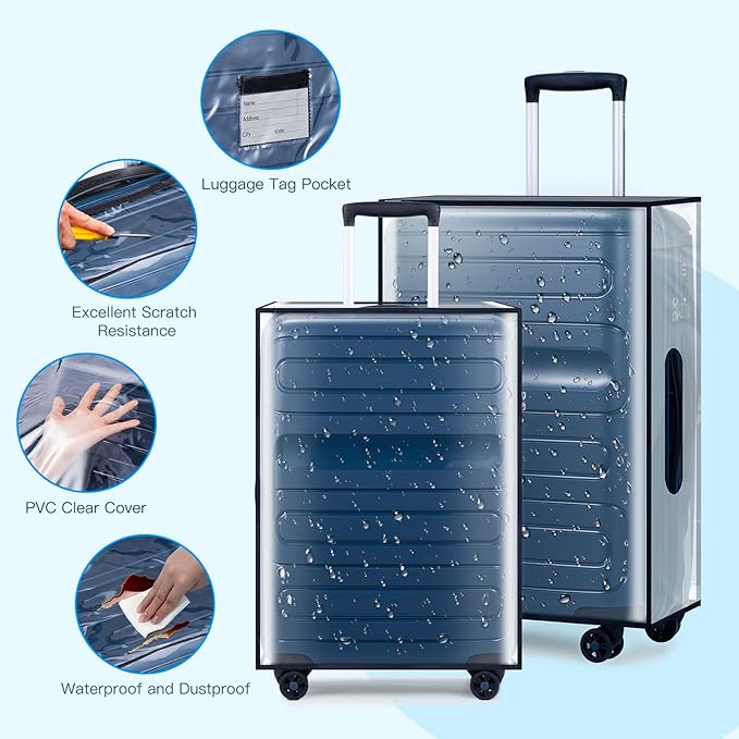 3 Pieces Thicken Clear Luggage Cover Protector with Tag Pocket, 20" 24" 28" PVC Luggage Covers for Suitcase Waterproof Dustpr