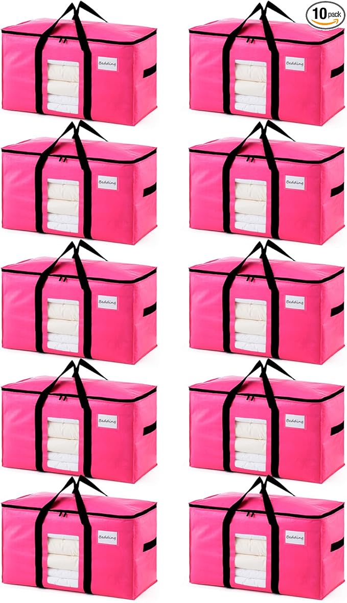 TAILI 10 Pack Pink Extra Large Moving Bags, Heavy Duty Totes with Visible Window, Wrap Around Handles, Ideal for Storage, Spa