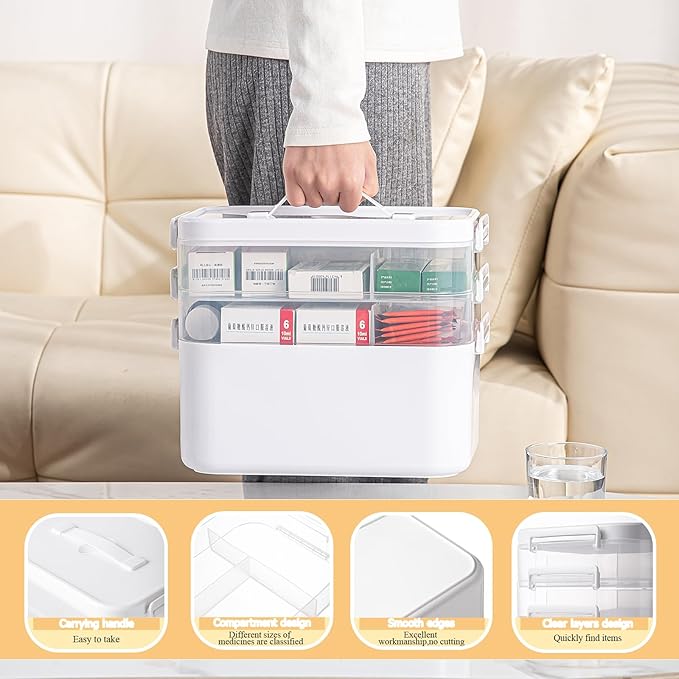 TERGOO 3-Tier Medicine Cabinet Organizer, Portable Medicine Storage Box with Handle, Empty First Aid Kit for Home