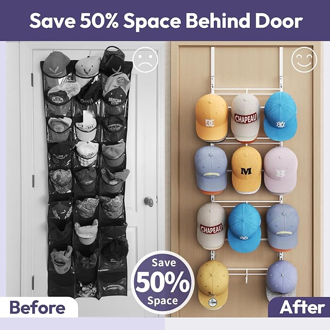 SWTYMIKI Over Door Hat Organizer - 4 Tier Metal Adjustable Wall Mounted Hat Rack with 12 Hooks Design, Hanging Baseball Cap O