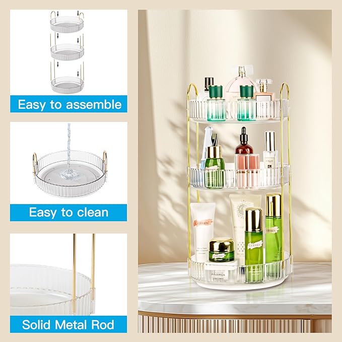 360 Rotating Makeup Organizer - Large Capacity Spinning Perfume & Cosmetic Skincare Holder for Countertop (Pearl White, 3 Tie