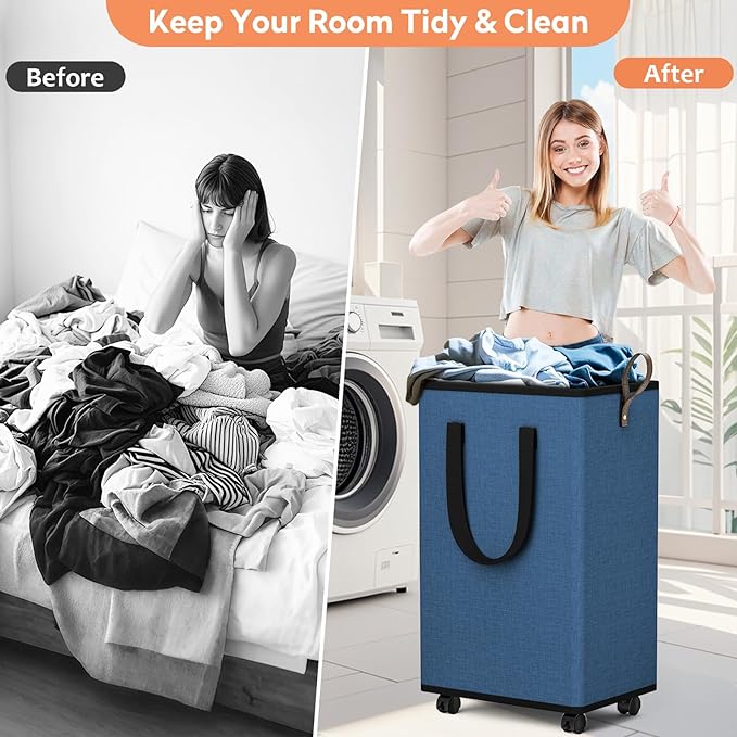 SpaceTrove Laundry Basket with Wheels, Collapsible Laundry Baskets, Laundry Hamper with Handles Detachable Wheels, Rolling La