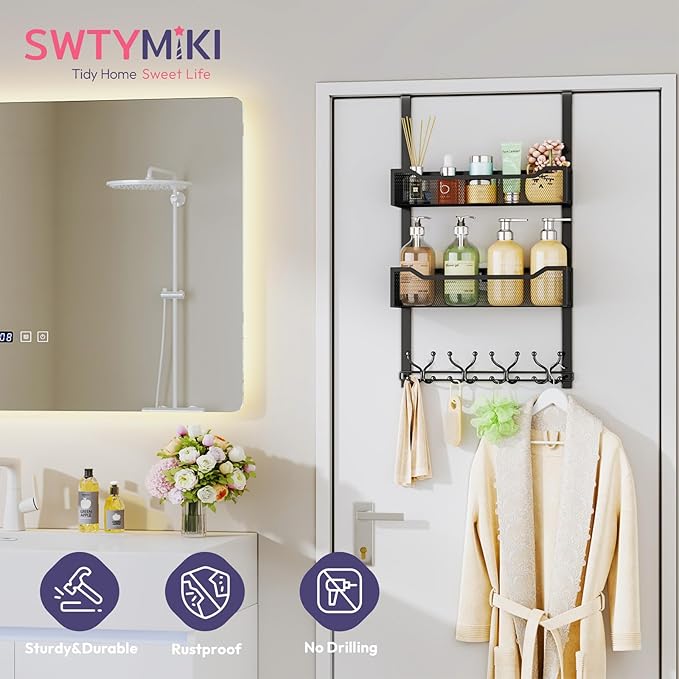 SWTYMIKI Over The Door Hooks Organizer - Multi-Functional Door Hanger with 16 Hooks & 2 Mesh Baskets, Long Coat Rack for Bath
