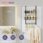 SWTYMIKI Over The Door Hooks Organizer - Multi-Functional Door Hanger with 16 Hooks & 2 Mesh Baskets, Long Coat Rack for Bath