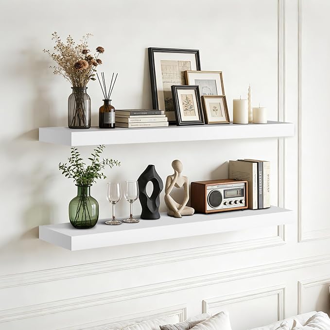 Floating Wall Shelf 36x6.8x1.7 Inch – Solid Wood Shelf in White Finish – Heavy Duty Wall Mounted Rustic Display Shelf for Liv