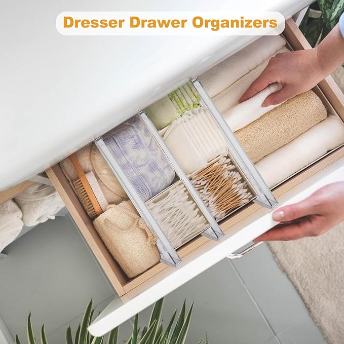 6 Pack Drawer Dividers for Clothes, 4" High 10.6"-16.9" Adjustable Drawer Dividers Expandable Dresser Drawer Organizer, Clear