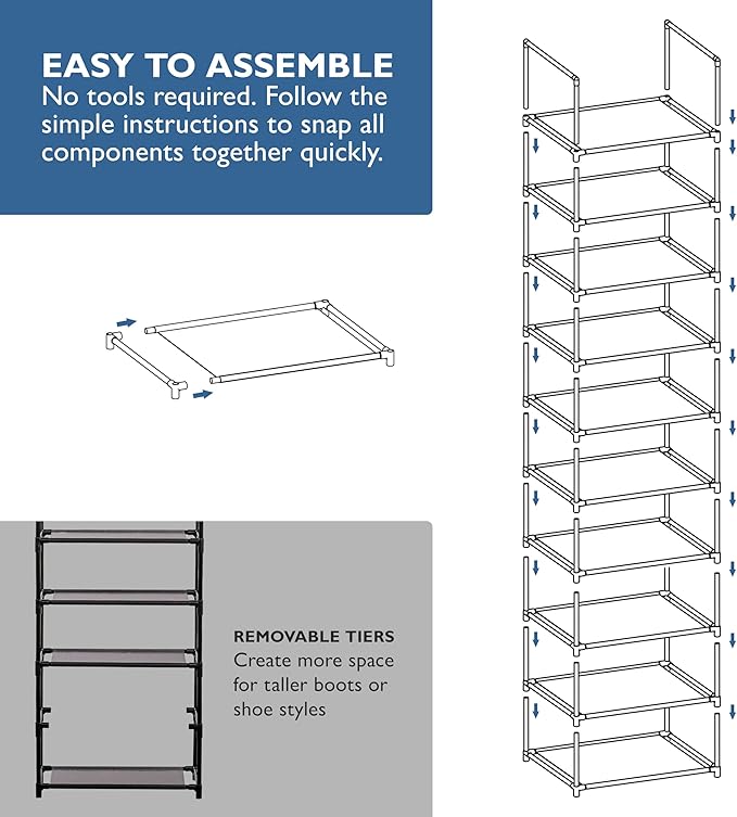 Sundaze Shoe Rack - 10 Tier Tall Shoe Rack for Closet, Sturdy Stackable Shoe Organizer for Closet, Bedroom, Entryway, Garage,