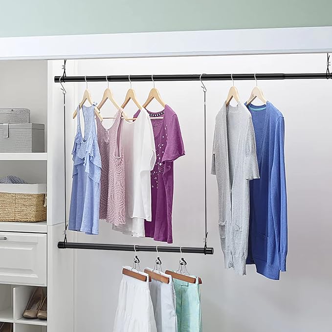 INFLATION Closet Rod With Hangers Adjustable Width (15-50 Inch) Tension for Hanging Clothes Rack, 35 Inch Height, Elegant Bla