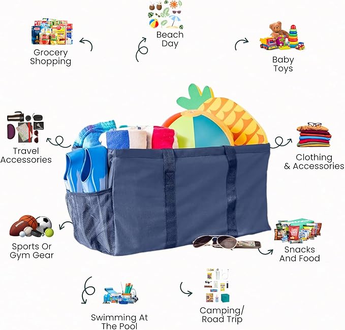Extra Large Utility Tote Bag - Oversized Collapsible Reusable Wire Frame Rectangular Canvas Basket With Two Exterior Pockets For Beach, Pool, Laundry, Car Trunk, Storage - Navy Blue