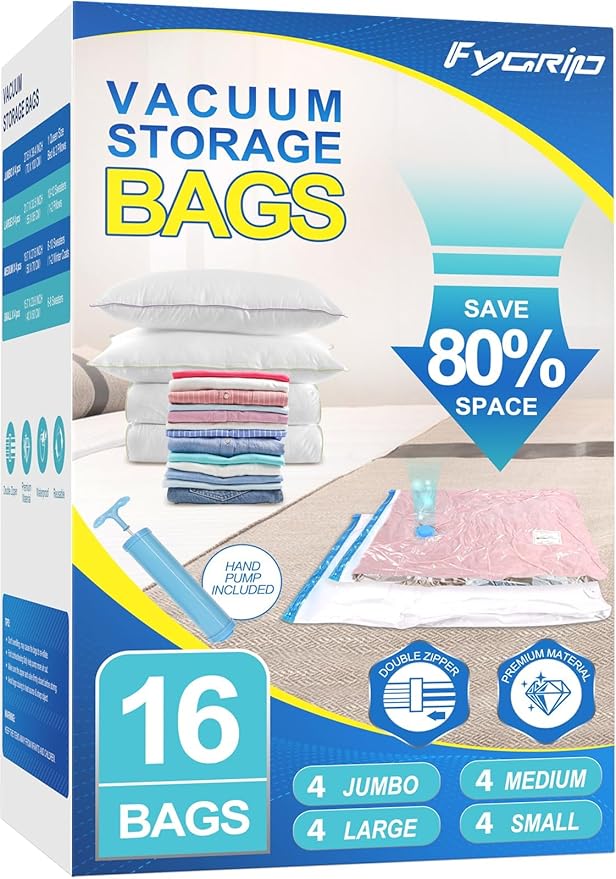Fygrip Vacuum Storage Bags with Hand Pump, Plastic Packaging Bags, 80% Space Saver Vacuum Seal Bags for Clothing, Travel Lugg