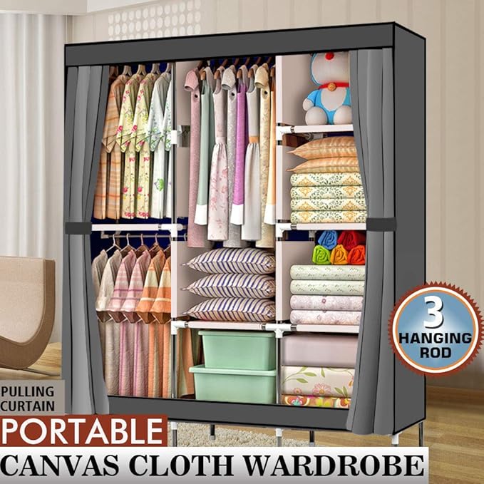 Karlhome 4-Tiers 8 Compartment Canvas Wardrobe, Portable Wardrobe Fabric Wardrobe with Shelves and Cover for Hanging Clothes,