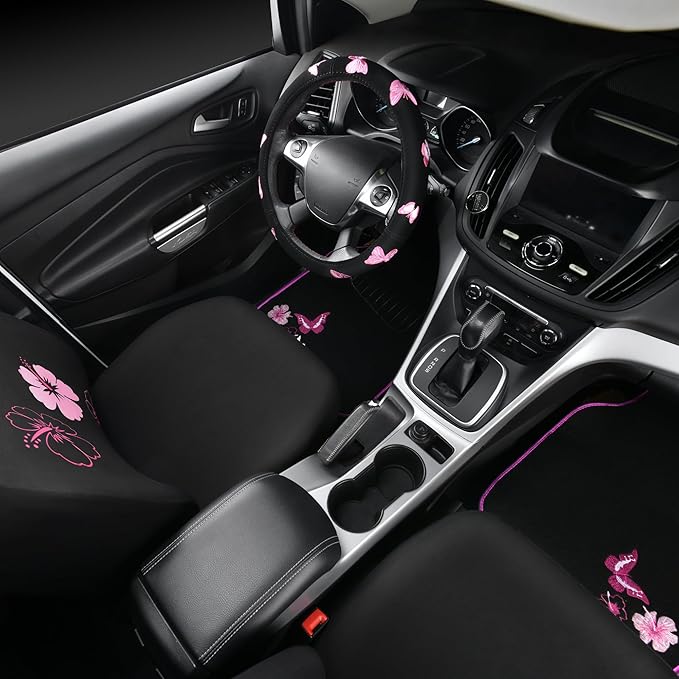 CAR PASS Universal Cloth Butterfly Car Seat Covers Full Set, Embroidered Flower Waterproof Car Floor Mats Carpet, Butterflies