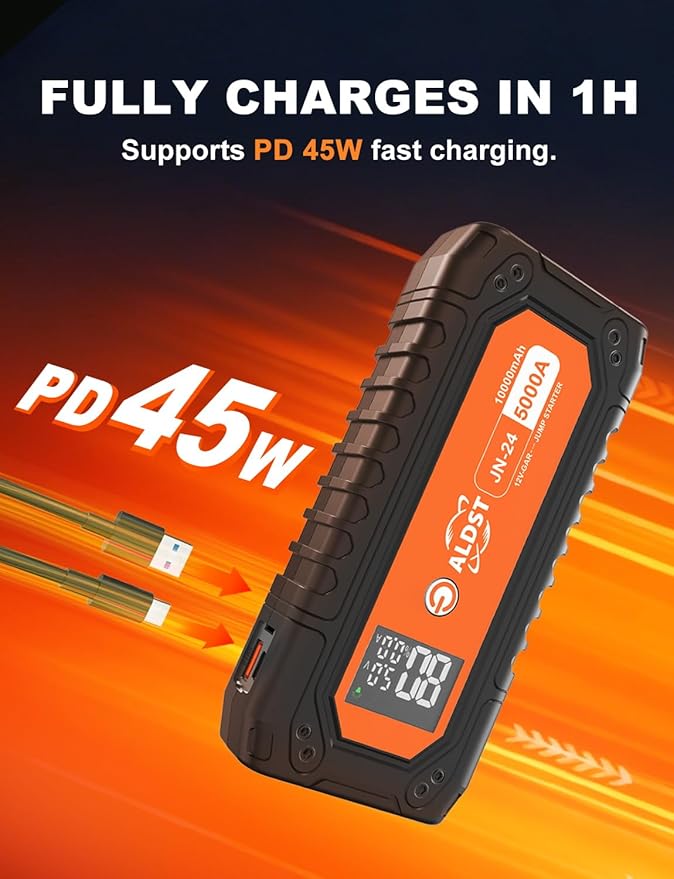 Car Battery Jump Starter 5000A, 45W PD Super Fast Charging Technology, 12V Portable Battery Jumper Booster Box with Cables